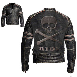 Biker Vintage Distressed Jacket Skull Embossed Logo at back