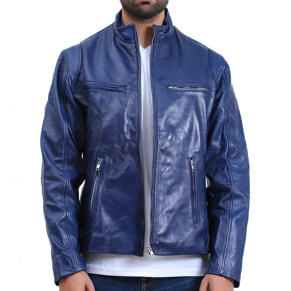 Men's Biker Leather Blue Racer Jacket - Jackets Creator