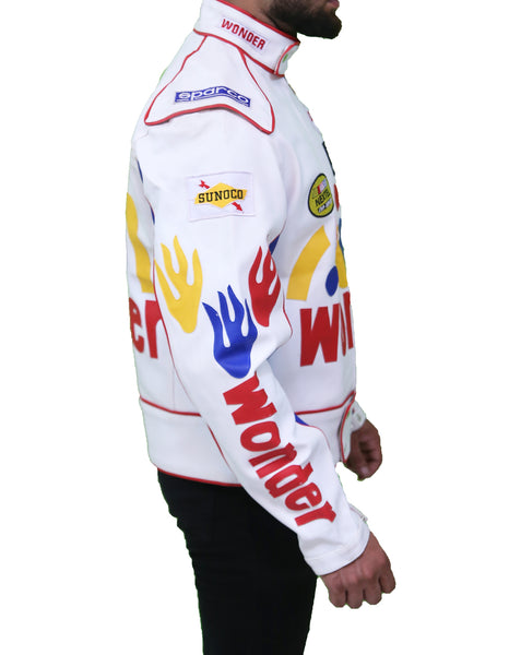 Ricky Bobby Talladega Nights Wonder hot White Racing Motorcycle Jacket XS PU Leather