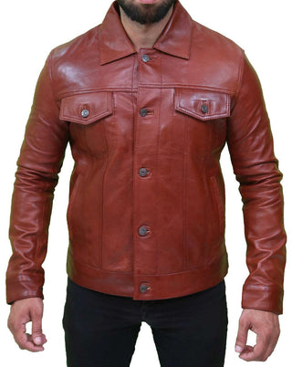 Men's Brown Leather Trucker Jacket 