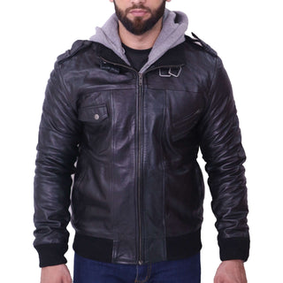 Grey Removable Hood Black Leather Jacket