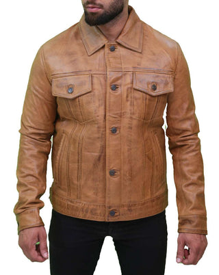 Vintage Trucker Pure Leather Camel Brown Leather Jacket