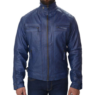 Men's Blue Biker Fashion Slim Fit Pure Leather Jacket