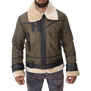 B3 Bomber Men's Real Shearling Green Winter Leather Jacket