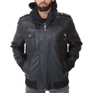 Mens Removable Hood Leather Jacket