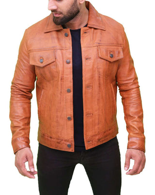 Men's Light Brown Real Leather Trucker Jacket