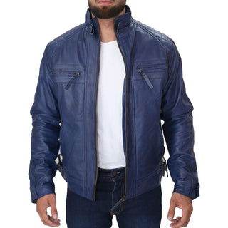 Men's Blue Biker Fashion Slim Fit Pure Leather Jacket