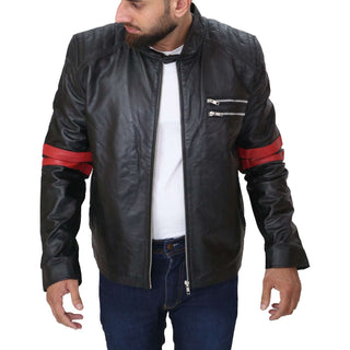 Men's Black Cafe Racer Red Strip Lambskin Leather Jacket