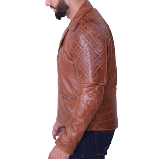 Men's Biker Quilted Brown Leather Jacket