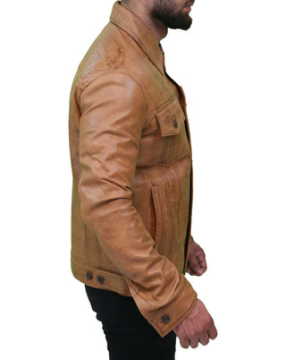 Vintage Trucker Leather Camel Brown Leather Jacket