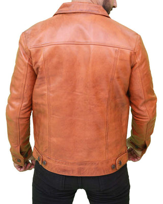 Men's Light Brown Real Leather Trucker Jacket