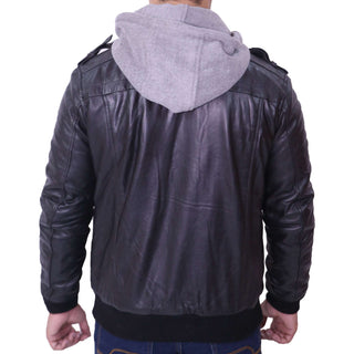 Men Grey Removable Hood Black Leather Jacket