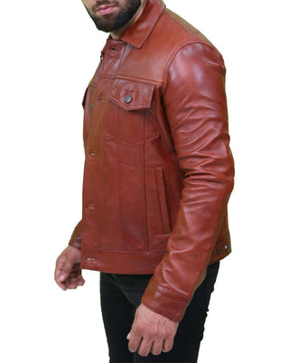 Men's Brown Leather Trucker Jacket 