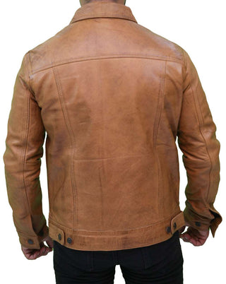 Vintage Trucker Camel Brown Leather Jacket