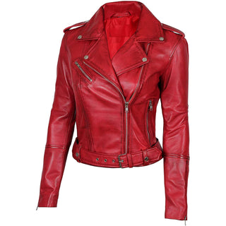 Margaret Red Leather Asymmetrical Women's Slim Fit Biker Jacket