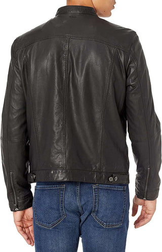 Mens Black Chris Wellford Leather Jacket with Shirt Style Collar