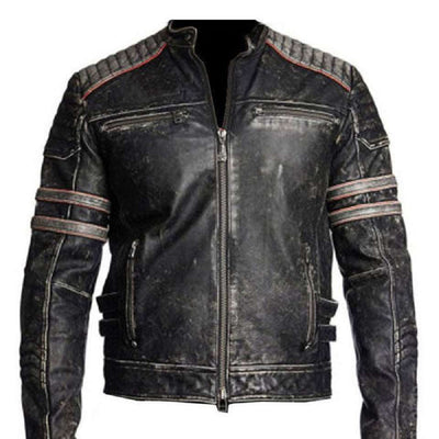 Men Blue Vintage Motorcycle Embossed Skull Leather Jacket