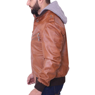 Mens Grey Removable Hood Brown Leather Jacket