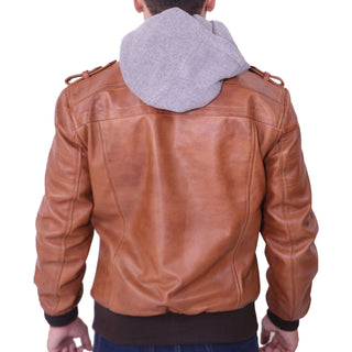 Mens Grey Removable Hood Brown Leather Jacket