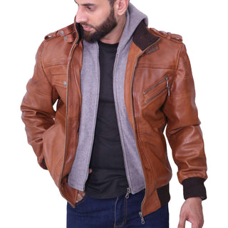 Grey Removable Hood Brown Leather Jacket