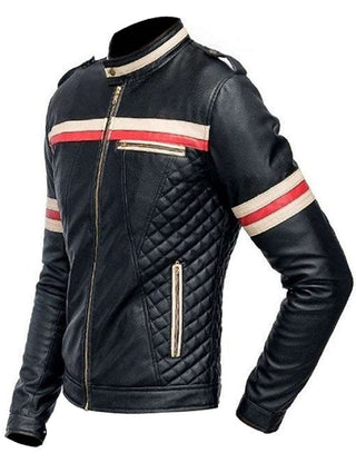 Men's Leather Jacket with Red and Beige Stripes