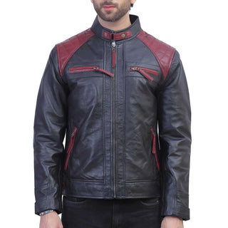 Mens Black and Maroon Quilted Leather Jacket