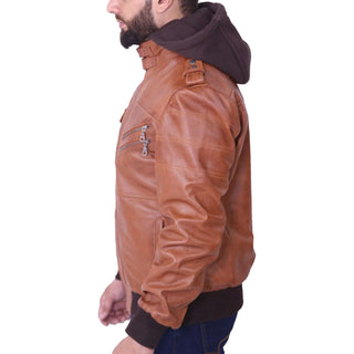 Men's Removable Hooded Tan Leather Jacket