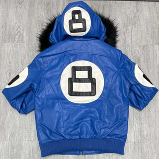 8 Ball Logo Fur Hooded Sheepskin Blue Men's Jacket
