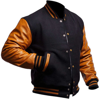 Mens Varsity Black and Gold Bomber Baseball Letterman Leather Jacket
