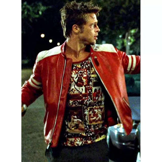 Fight Club Brad Pitt Red and White Leather Jacket