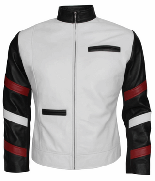 Men's Vintage White Leather Jacket With Stripes