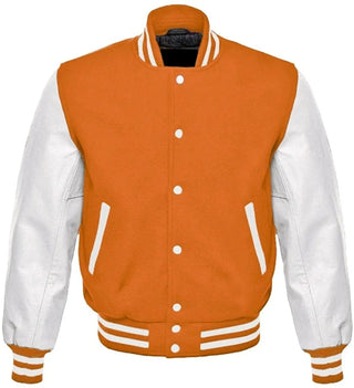 orange and white varsity jacket