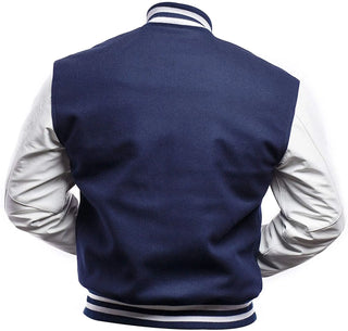 royal blue and white varsity jacket