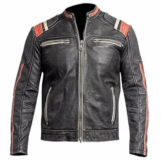 Men's Vintage Motorcycle Cafe Racer Distressed Black Leather Jacket