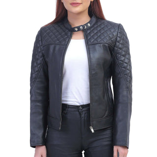 Womens Black Quilted Cafe Racer Jacket