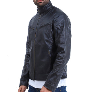 Mens Black Cafe Racer Lambskin Leather Jacket