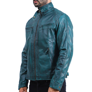 Mens Quilted Green Cafe Racer Leather Jacket