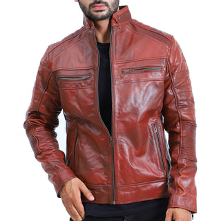 Mens Quilted Sheepskin Brown Leather Jacket
