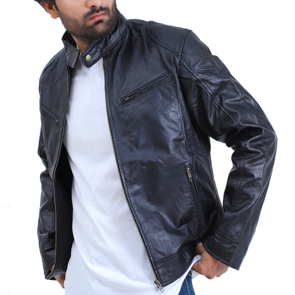 Jnriver JNLJ0044 Dodge Mens Lambskin Black Cafe Racer Leather