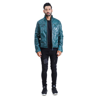 Mens Quilted Green Cafe Racer Leather Jacket
