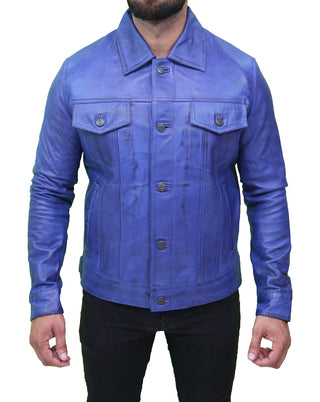 Men’s Blue Leather Trucker Jacket 