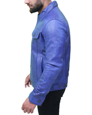 Men’s Blue Leather Trucker Jacket 