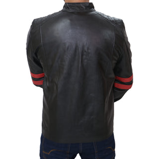 Men's Black Cafe Racer Red Strip Lambskin Leather Jacket