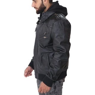 Mens Removable Hood Leather Jacket