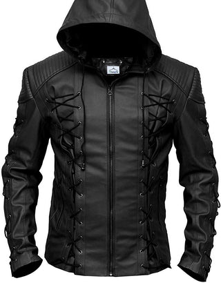 Arrow Inspired Black Hood Leather Jacket
