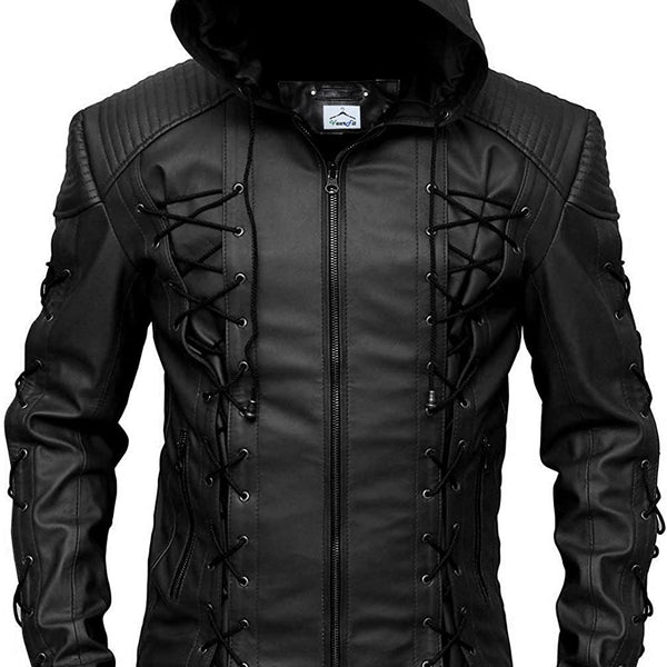 Arrow Inspired Black Hood Leather Jacket - UrbanJacket