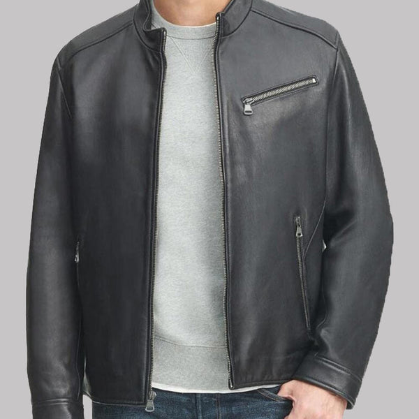 Men's Black Leather Stand-up Collar Jacket - UrbanJacket
