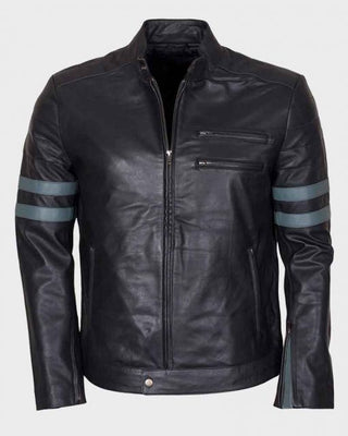 Mens Blue Stripe Mayhem Retro Black Biker Leather Jacket
