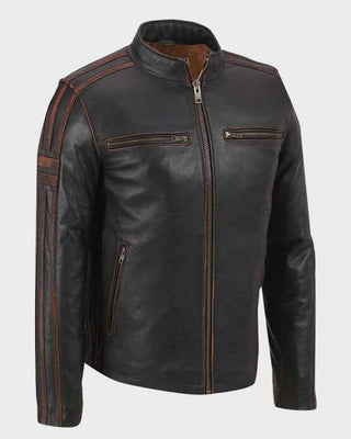 Mens Brown Stripe Café Racer Leather Jacket