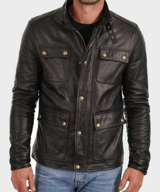 Mens Four Pocket Black Leather Jacket